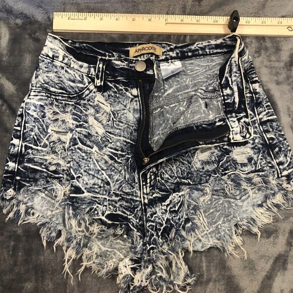Aphrodite Distressed Stretch Denim Shorts Blue Acid Wash Made In USA Size S - Picture 3 of 10